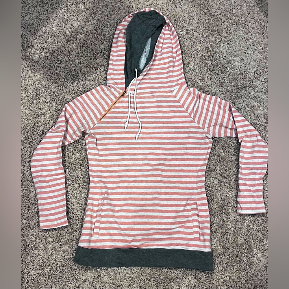 Ampersand Ave DoubleHood Sweatshirt Size M-Pink and Cream Stripe with Grey trim